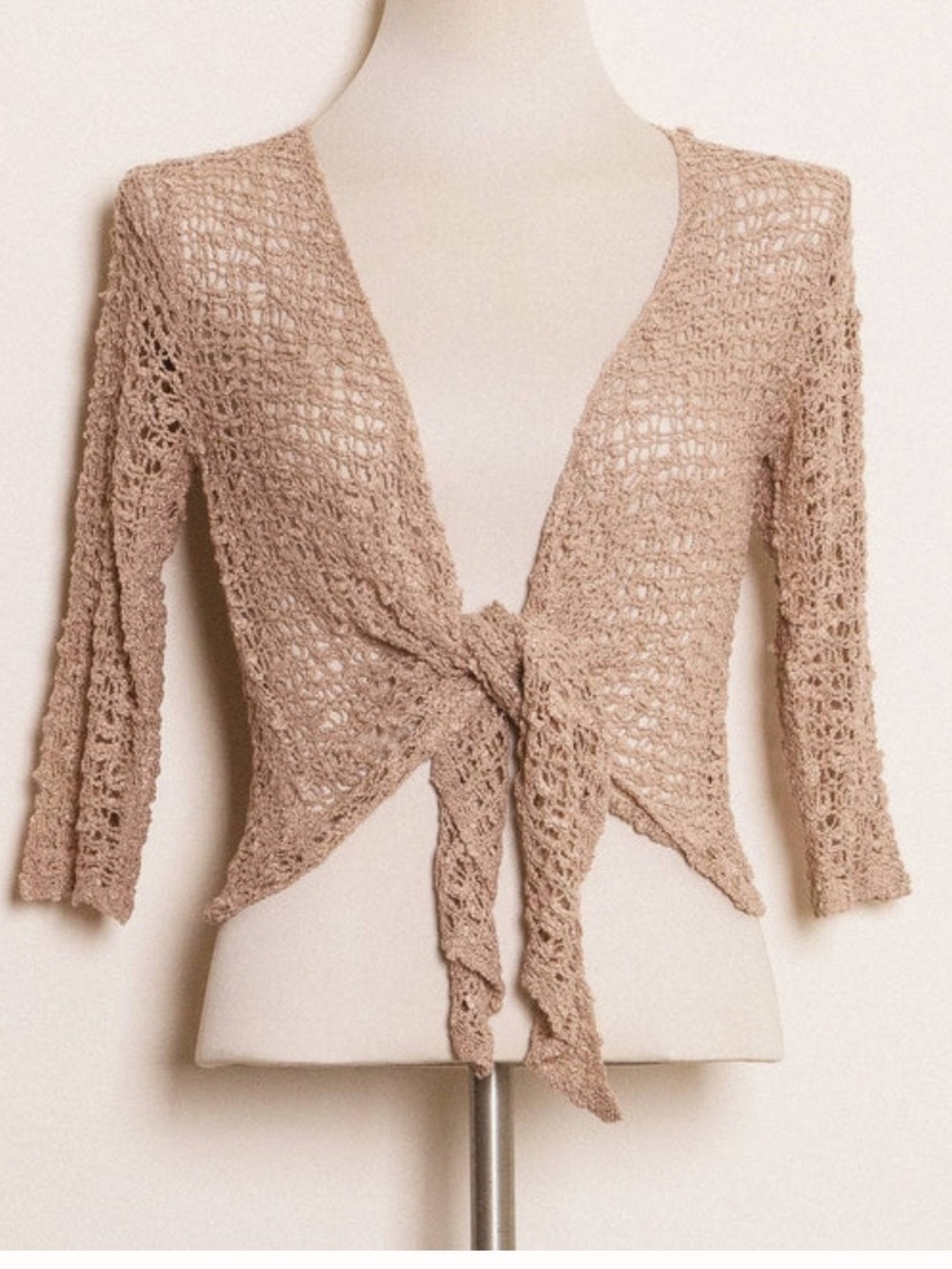 Sivana Beige Open-Knit Tie-Front V-Neck Sweater